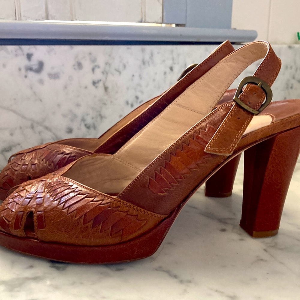 Warm brown woven leather Cole Haan peep-toe sling-back heels